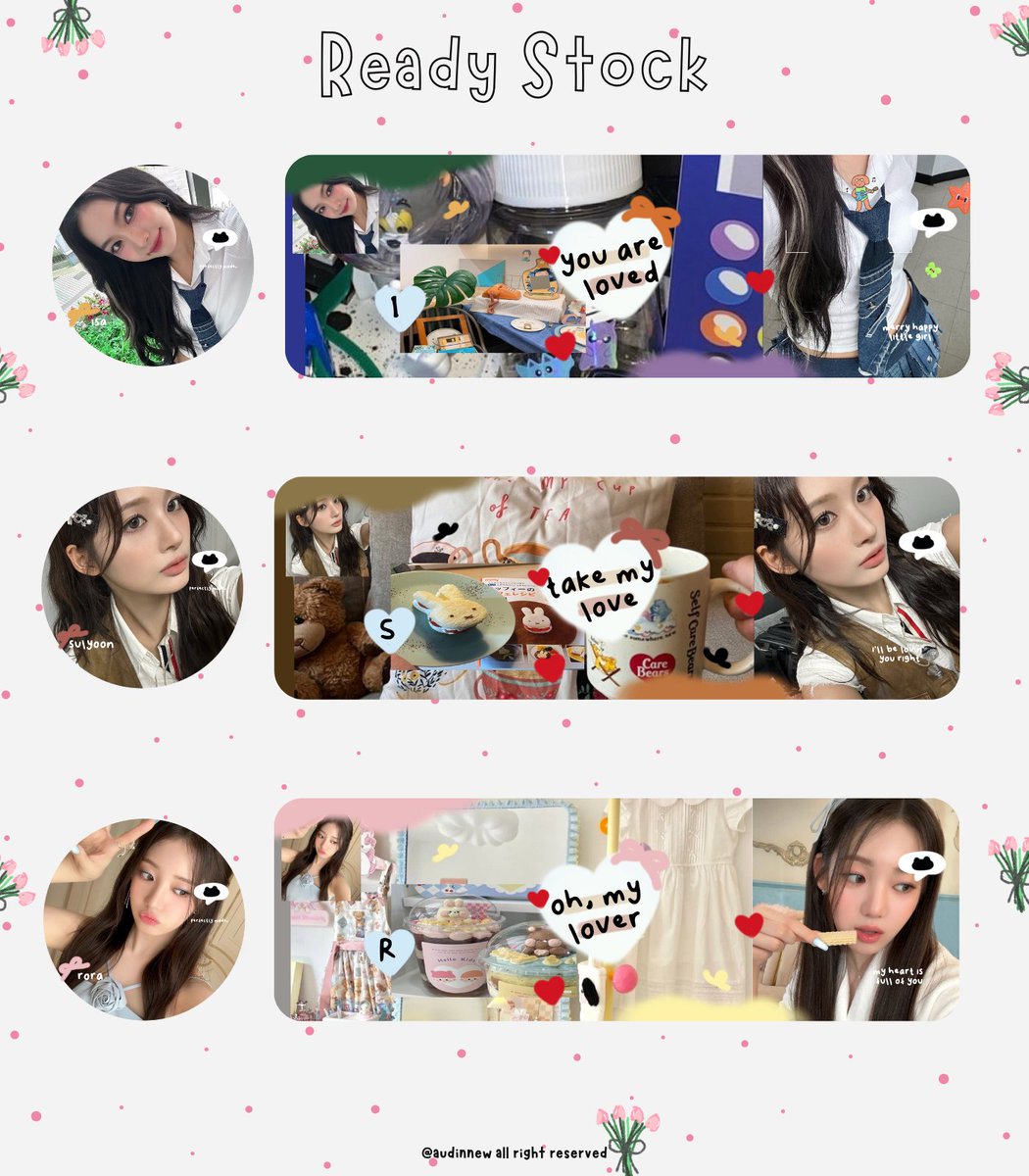 Help repost. Thank you <3

Morning, lovelies! Aku ada layout ready stock girlgroup yang bisa dijemput sekarang juga. Price : 13.000/each free retext nama di ava dan di header. Yuk jajann 🦀

#zonauang 

(Isa, Yeri, Seeun, Sulyoon, Rora)