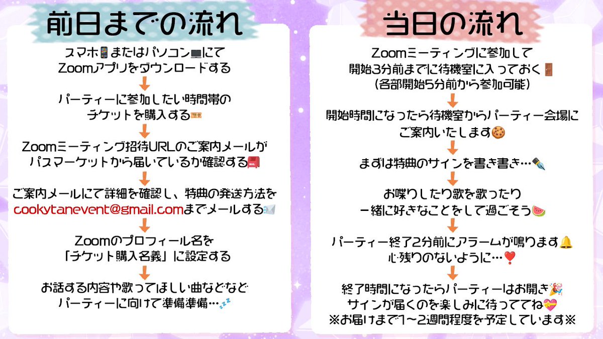 cooky_tan's tweet photo. 【前日までの流れ&amp;当日の流れ】

ご案内メール送信時にはXでお知らせします
Xのお知らせ、もしくはチケット購入から1日経ってもメールが届かない場合は(cookytanevent@gmail.com)宛にご購入いただいたチケットのスクリーンショットを添付のうえ、ご連絡ください📩 https://t.co/fJoiSpQ8T3