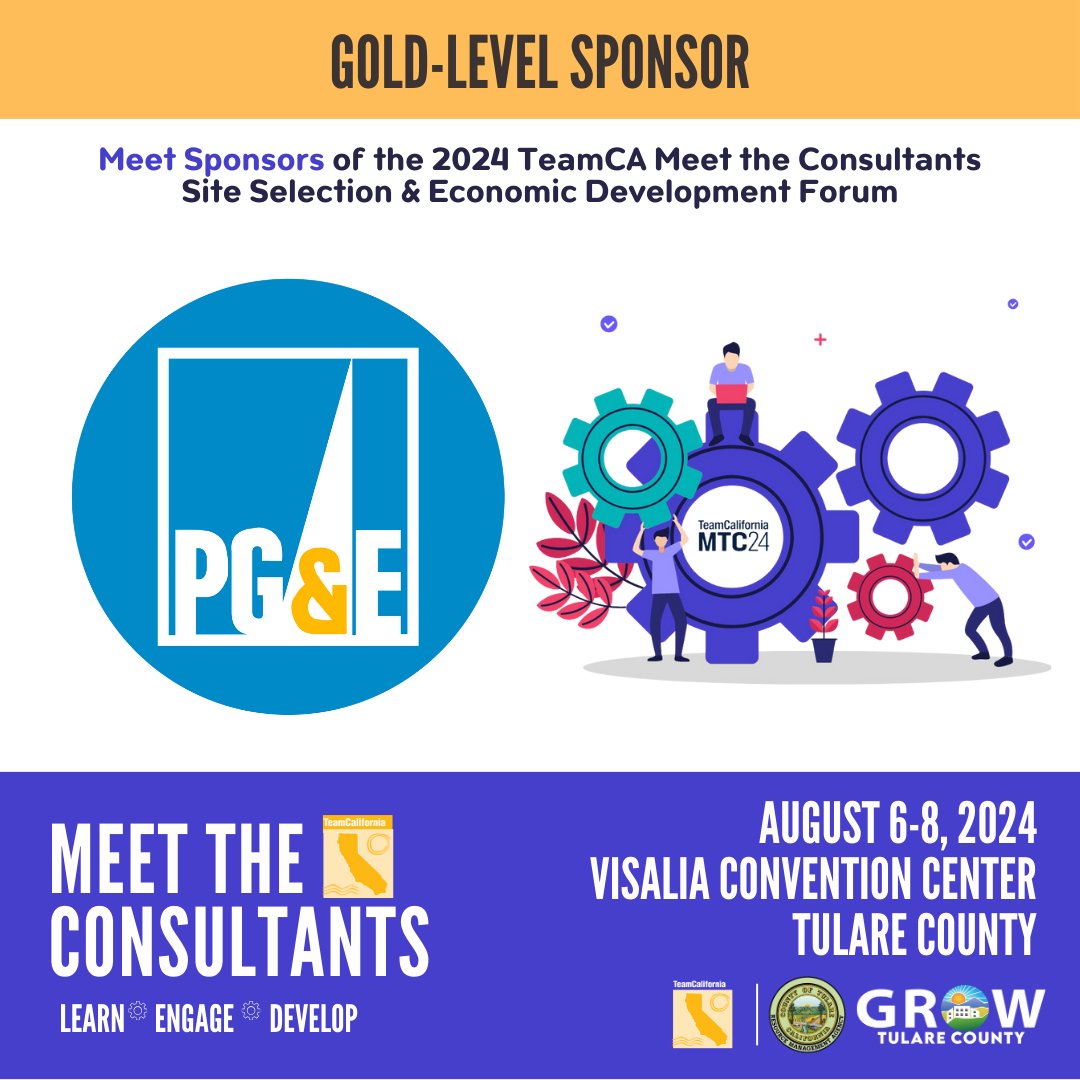 TeamCA_EDC's tweet photo. Thanks to PG&amp;E for being a proud Gold Sponsor of our upcoming Annual Meet The Consultants Forum!  
We're bringing key people together to make business happen in the state of California.  Join us!

👉 Registration: https://t.co/DUZbM58jXy

#MTC2024 #TeamCalifornia #GoldSponsors https://t.co/mnsygoTsbr