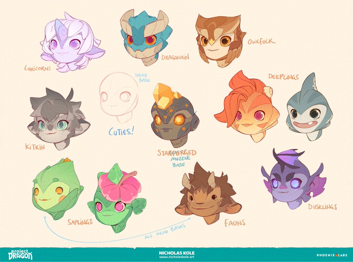 Naturally, we had humans (like Effie!)
But things got more interesting exploring "how far can we push the rig while inventing fantasy races?", then I pitched "if we just added a muzzle, we could get better dragon and catfolk", and THEN the gravity of "WHAT IF THEY WERE KIDS?" hit