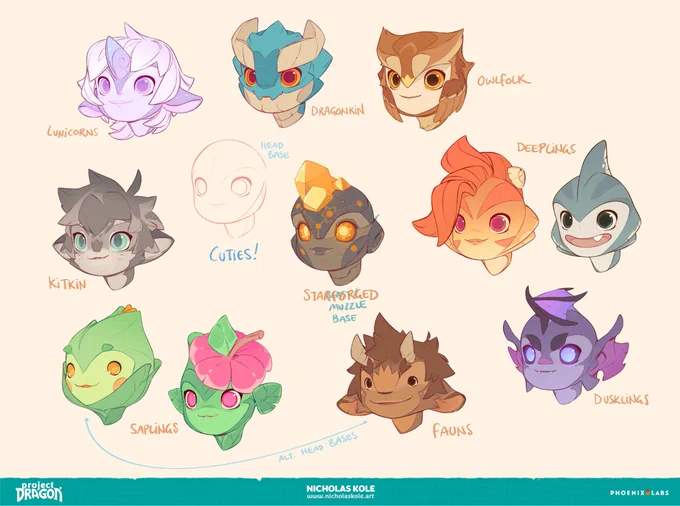 Naturally, we had humans (like Effie!)But things got more interesting exploring "how far can we push the rig while inventing fantasy races?", then I pitched "if we just added a muzzle, we could get better dragon and catfolk", and THEN the gravity of "WHAT IF THEY WERE KIDS?" hit 