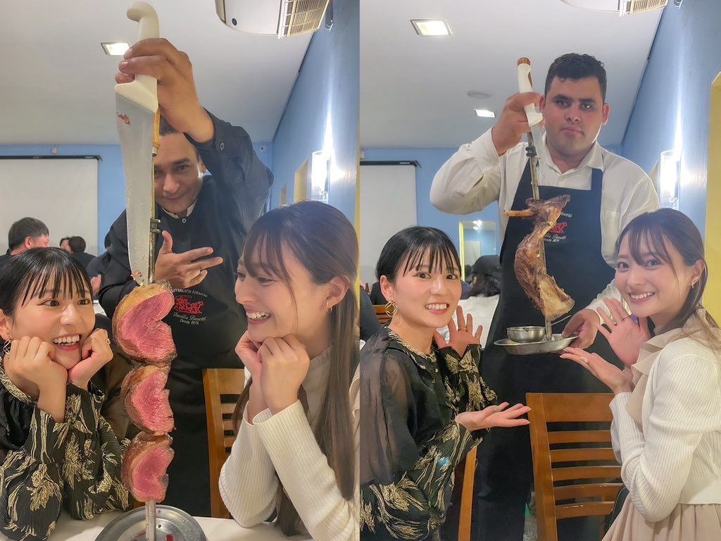 ClariS_Staff's tweet photo. ブラジルに到着したよ🇧🇷
20日には #AnimeFriends24 に出演させていただきます🫶
初めて会う方と素敵な時間を作ってきたいと思いますので、ぜひ日本から私たちに思いを届けてください🥰
本番までブラジルグルメ満喫するよ〜🎶

🐰クララ･カレン🐱

 #ブラジル美味しい
 #シュラスコ 🍖
 #AF24
 #ClariS https://t.co/vIxHRXeMoI
