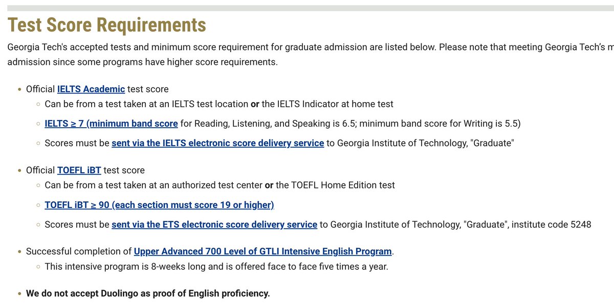 double check了一下。

gatech的on campus英语要求是，托福90分，雅思7分。

online program的要求是，托福100分，雅思7.5。

看起来gatech的online项目以前被一些英语不太好的学生们给坑过，于是提高标准了。 https://t.co/H3OWyxqfer