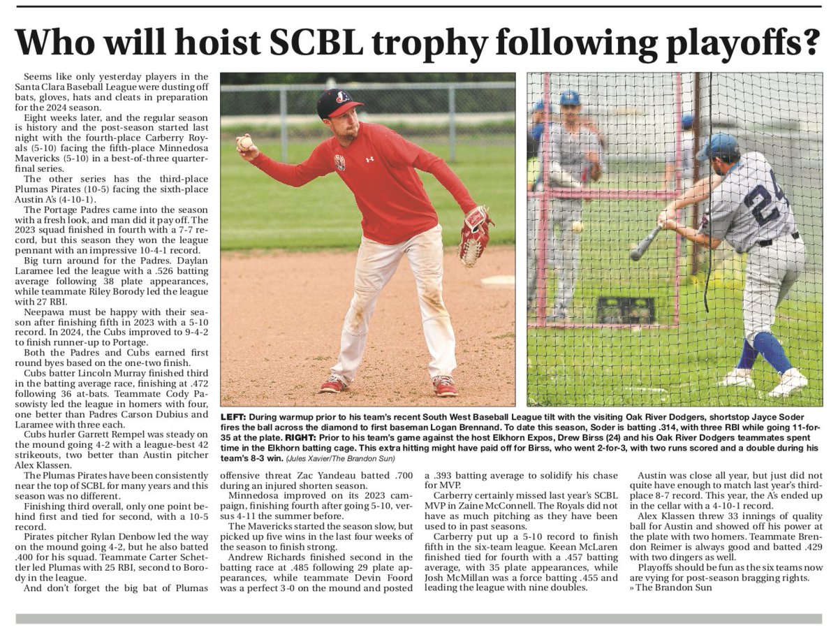 julesxavier59's tweet photo. Another senior men's baseball round-up story in your Thursday Sun sports section. Playoffs are about to start once senior A and AA are done @ElkhornExpos @WawanesaBrewers https://t.co/OKDHpi3B1G