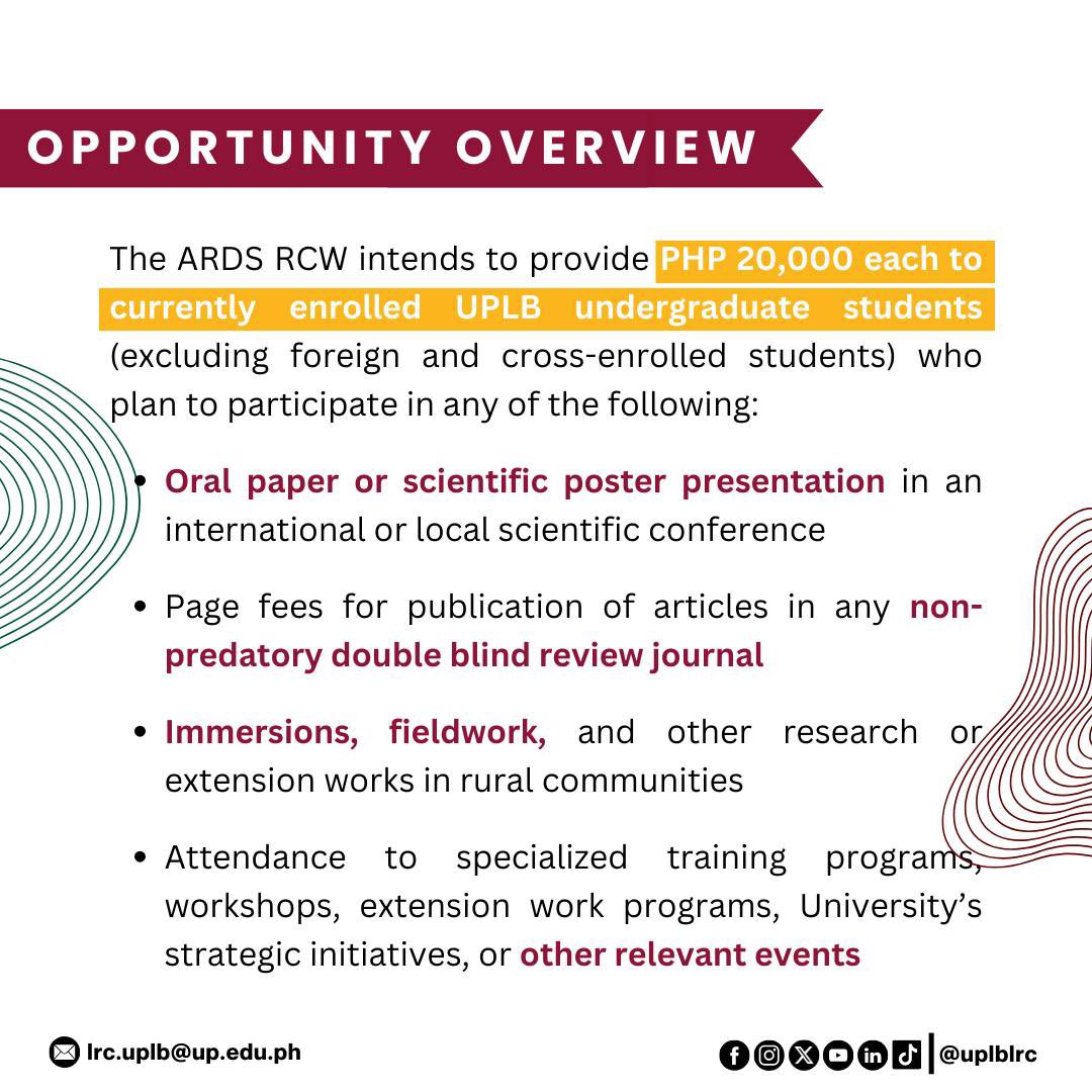 yelenaplays's tweet photo. Calling all UPLB student researchers and volunteers passionate about agriculture and rural development! 🔍

The application for the  ARDS Research, Conferences, and Workshops (RCW) Grant/Assistance is now open! ✨

#UPLB #researchgrant #funding https://t.co/agDkY7P0g0