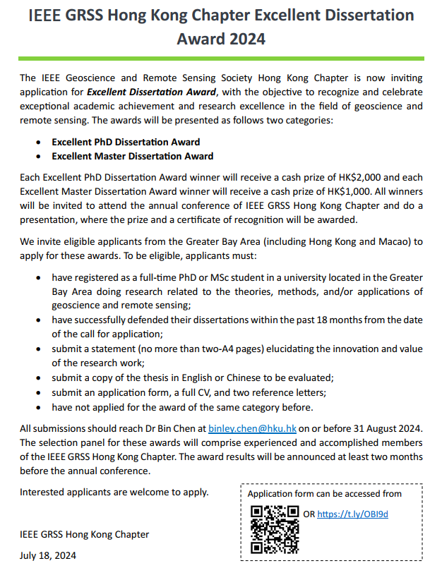HK_GRSSorg's tweet photo. 🌏🛰️Calling all postgraduate students in geoscience and remote sensing in the Guangdong-Hong Kong-Macao region! The IEEE GRSS Hong Kong Chapter is now accepting applications for the Annual Excellent Dissertation Award 2024. 
Please refer to the call👉https://t.co/xCozDGmUgz https://t.co/dE7xfHVPio