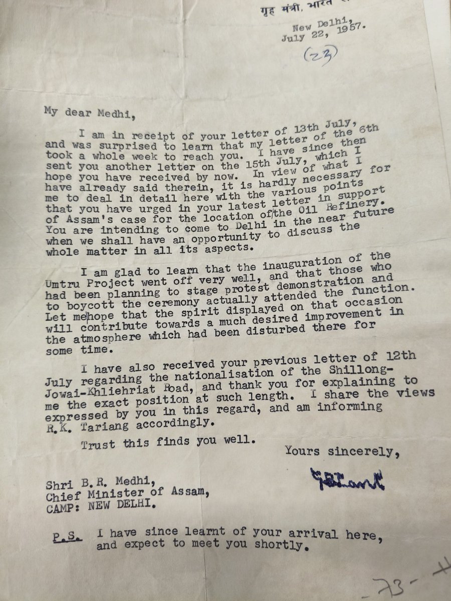 AnkitMahanta's tweet photo. Letter from Former Union Minister G.B.Pant to the then Chief Minister of Assam, Bishnuram Medhi dated 22 July, 1957. Note a passing reference to the inauguration of the Umtru Hydel Project and the nationalisation of the Shillong Jowai Road. #neindia #history #Archives #Assam https://t.co/uWDHgW32ak