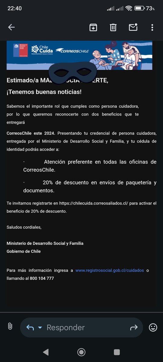 mabel_laferte's tweet photo. @correoschile es cierto este correo que me llegó de un supuesto beneficio para personas con credencial de cuidador?? @MinDesarrollo ??? https://t.co/A6hOqphNqX