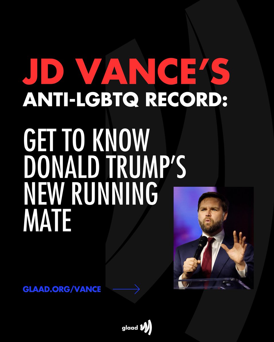 JD Vance has taken the stage at the #RNC. Learn more about his anti-LGBTQ record now: glaad.org/vance