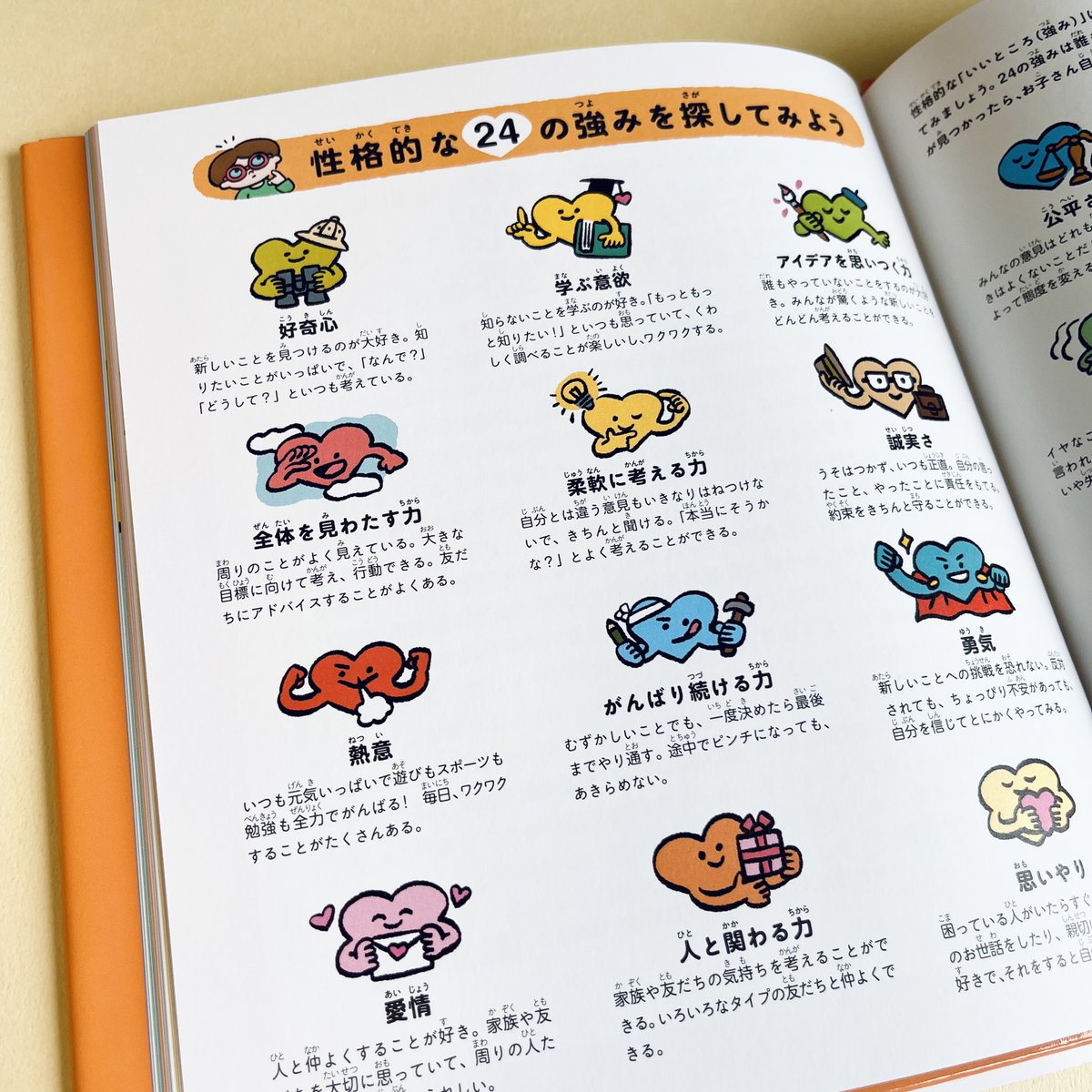 巻末には性格的な24の強みリストがついています。ハートの形でそれぞれ強みをキャラクターにしました。 