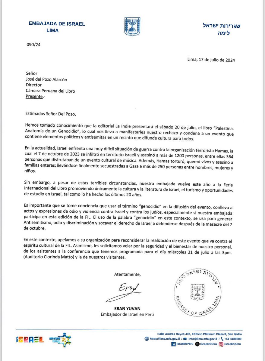 danillaortiz's tweet photo. Embajada Israelí pretende censurar la presentación del libro “Palestina, anatomía de un genocidio”, el sionismo quiere silenciar a quienes denuncian la masacre q están cometiendo.
Imprescindible ir a apoyar la presentación del libro “Palestina, anatomía de un genocida” a la FIL https://t.co/j5jsKkchAt