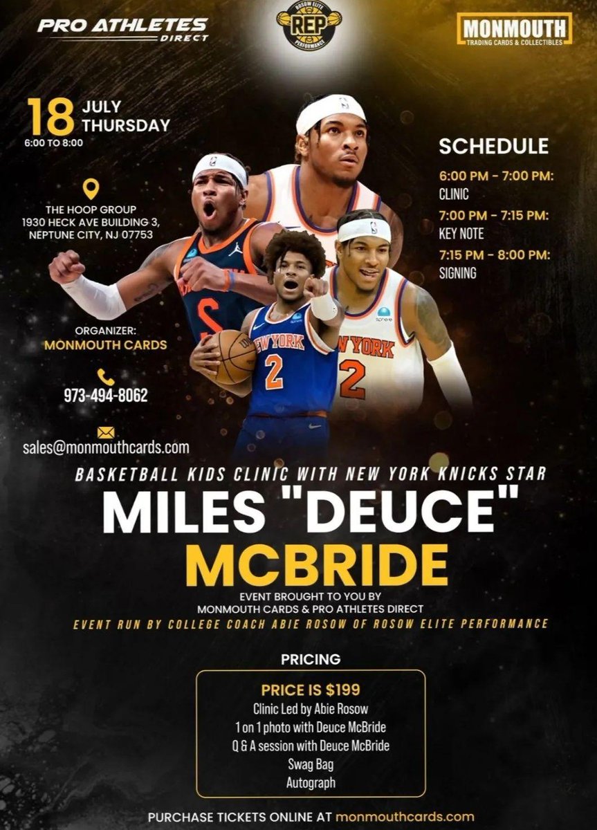 NRMedia50's tweet photo. Tomorrow from 6:00-8:00 Pm ET I will be live at The Hoop Group in Neptune New Jersey with Knicks guard @deucemcb11 friends from Pro Athletes Direct & Monmouth Cards @AmyTrask @BenStiller @TheDnRCompany @ProjectNerdHQ
ππ₯π #NRMedia #ProAthletesDirect #MonmouthCards #MilesMcBride https://t.co/OB928PPda1