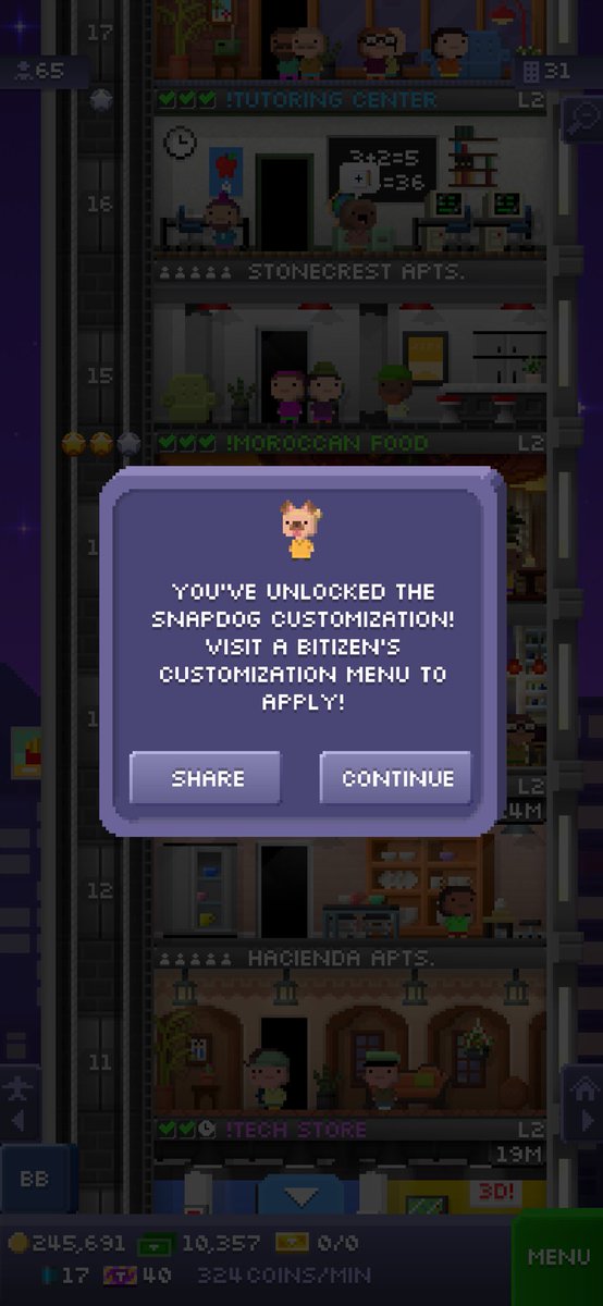 I just unlocked the snapdog customization in Tiny Tower!