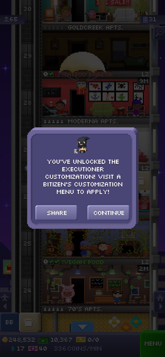 I just unlocked the executioner customization in Tiny Tower!