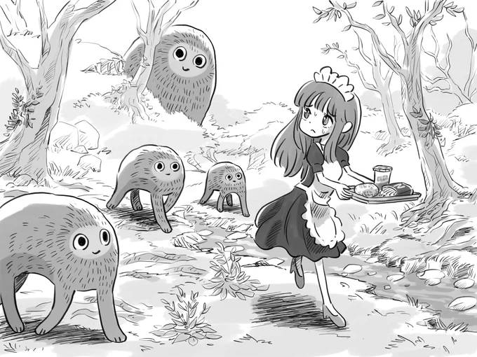 変な生き物が後ろから近づいてきます 敵か味方か分からないので不安です まさか私のてりやきバーガーセットを狙ってる!?