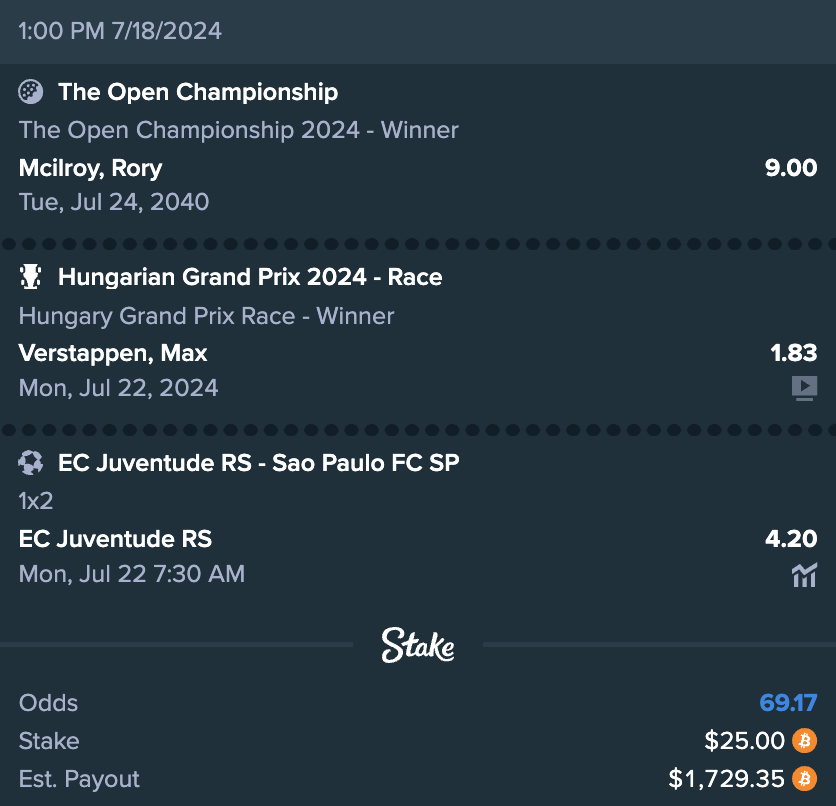 Stake's tweet photo. Yo X! 

As you know, I appreciate obscure sports betting and this is a prime example 😅

If my multi here wins, I'll come up with a way to give away my winnings some of y'all 👀

Show us your bets for this weekend's sporting action 👇

Cheers,
Brady 🤙 https://t.co/zdaoEzgF2r