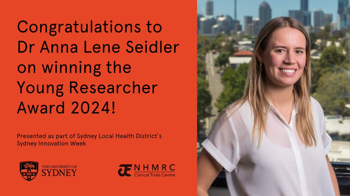 NHMRC CTC (@trialscentre) on Twitter photo We are thrilled to share that <a href="/LeneSeidler/">Anna Lene Seidler (she/her)</a> was awarded the Young Researcher Award 2024 at the recent Sydney Innovation Week! 🏆
This award highlights Anna’s exceptional contributions as a rising star in the research community. Her groundbreaking work leading the iCOMP companion We are thrilled to share that <a href="/LeneSeidler/">Anna Lene Seidler (she/her)</a> was awarded the Young Researcher Award 2024 at the recent Sydney Innovation Week! 🏆
This award highlights Anna’s exceptional contributions as a rising star in the research community. Her groundbreaking work leading the iCOMP companion