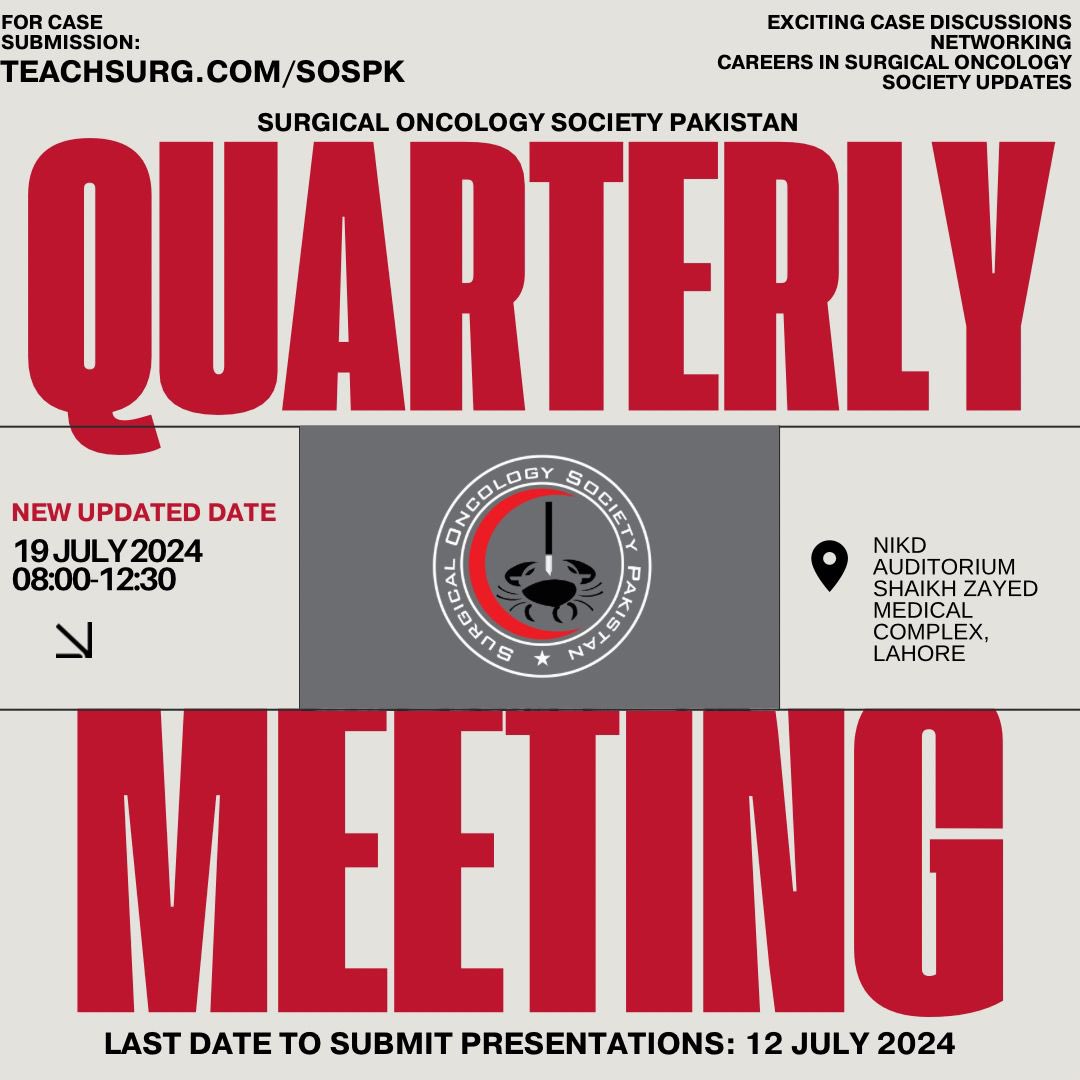 This in-person meeting will be held at Shaikh Zayed Medical Complex, Lahore. For those who are unable to attend in person, an online link is available: bit.ly/meetsospk.

Looking forward to your valuable participation!