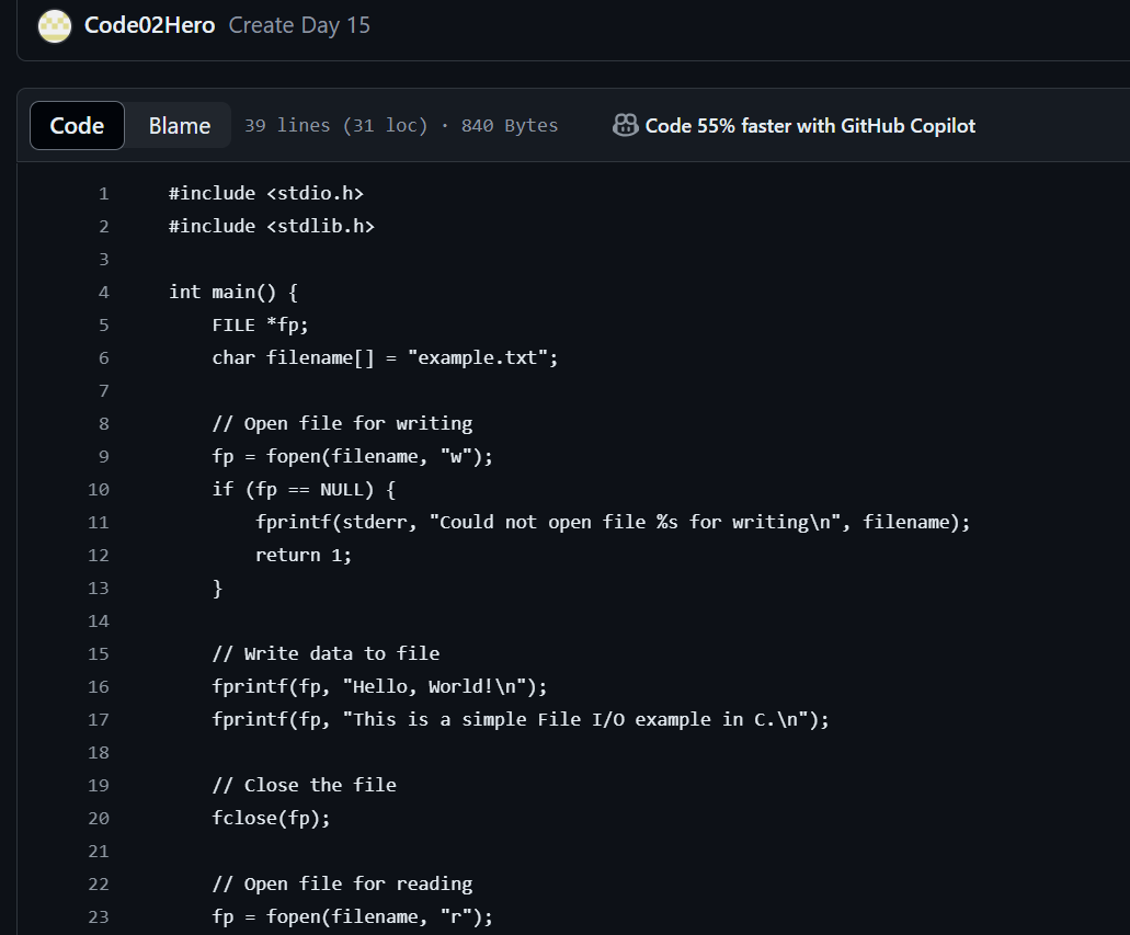 Code02Hero's tweet photo. Day 15 of #100DaysOfCode: Delving into File I/O in C! 📄✨ Implemented a simple program to read from and write to a file. Excited to explore more complex operations!🚀 #CProgramming #coding #DynamicMemoryAllocation #Tech #Challenge 
Solution in GitHub:
https://t.co/AH9kOjAyBO https://t.co/XlCJs3XLQR