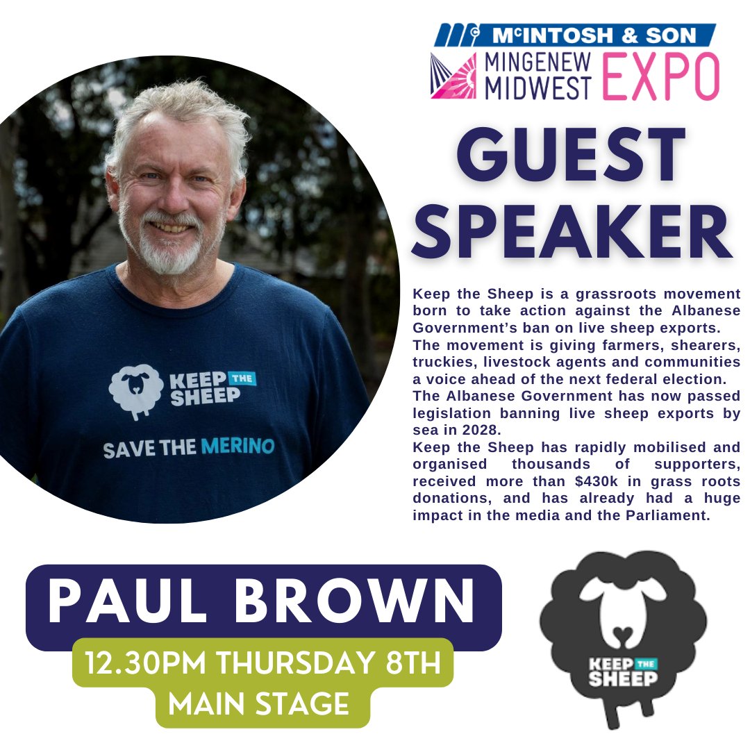 📷 Exciting Announcement! 📷
We’re thrilled to welcome Paul Brown from Keep the Sheep. Paul will shed light on critical issues affecting our primary producers.
Paul will be on the Main Stage at 12.30pm on Thursday 8th August
Tickets are on sale now
mmwe.com.au/tickets