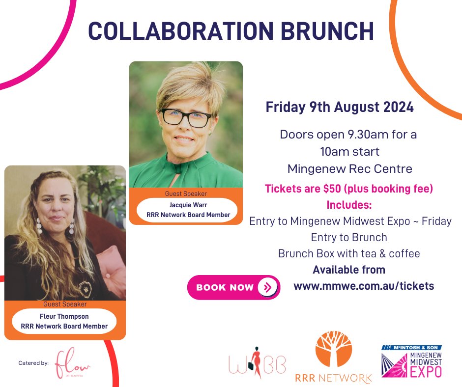 We are so excited about our collaboration brunch with RRR -The Rural, Regional, Remote Women's Network of Western Australia and WIBB on our second day of Expo, Friday 9th August, 9.30am for a 10am start.
Tickets on sale now
mmwe.com.au/tickets