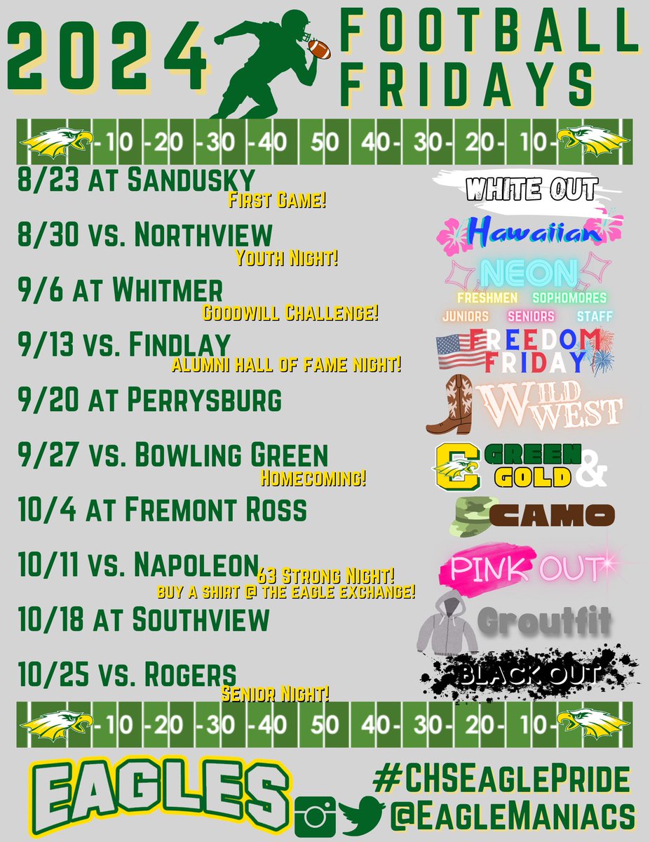 ‼️‼️HERE THEY ARE‼️‼️

🚨🚨The OFFICIAL SPIRIT THEMES of the 2024 Football Season🚨🚨

#RollEags #CHSEaglePride #EagleManiacs 🦅