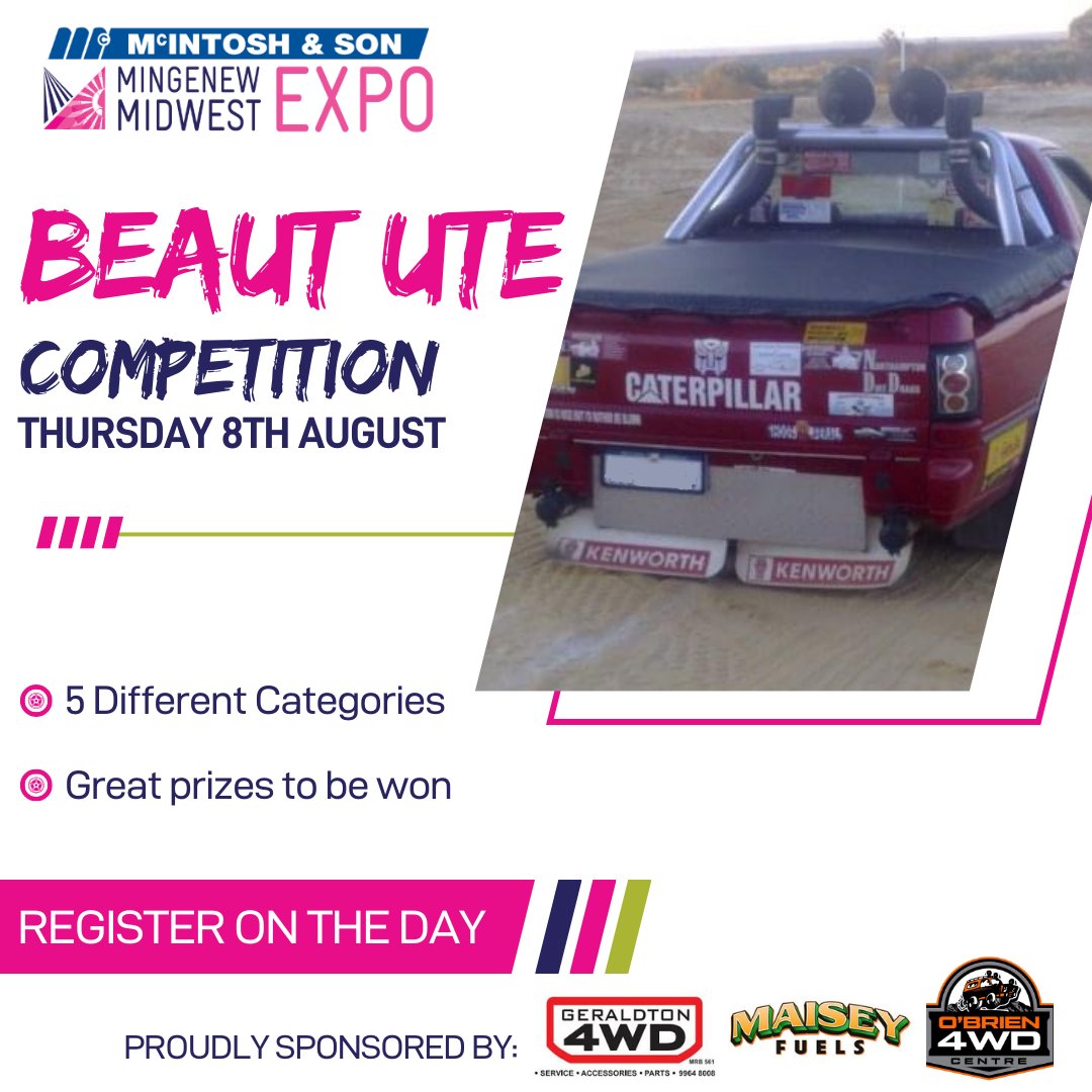 Get ready to rev your engines for  the Mingenew Midwest Expo's Beaut Ute Competition! Head to our website for further details.
mmwe.com.au/competitions
Thanks to Geraldton 4WD, Maisey Fuels, O'Brien 4WD Centre