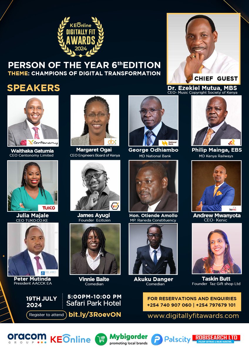 Proud to be an attendee at the KEOnline Digitally Fit Awards 2024 on July 19th from 5 PM to 9 PM at Safari Park Hotel! For reservations and enquiries, call +254 740 907 060 or +254 797 679 101

Digitally Fit Awards 2024
#DFPersonOfTheYear
Twende Safari Park Hotel
