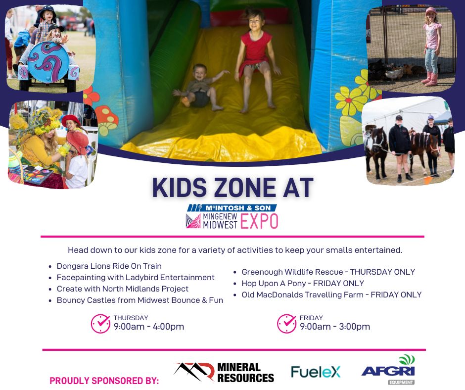 Kidszone is going to busy this year, with many activities on offer for free, with thanks to our sponsors, Mineral Resources, FueleX and AFGRI Equipment Australia.
Click the link to get your tickets: mmwe.com.au/tickets
