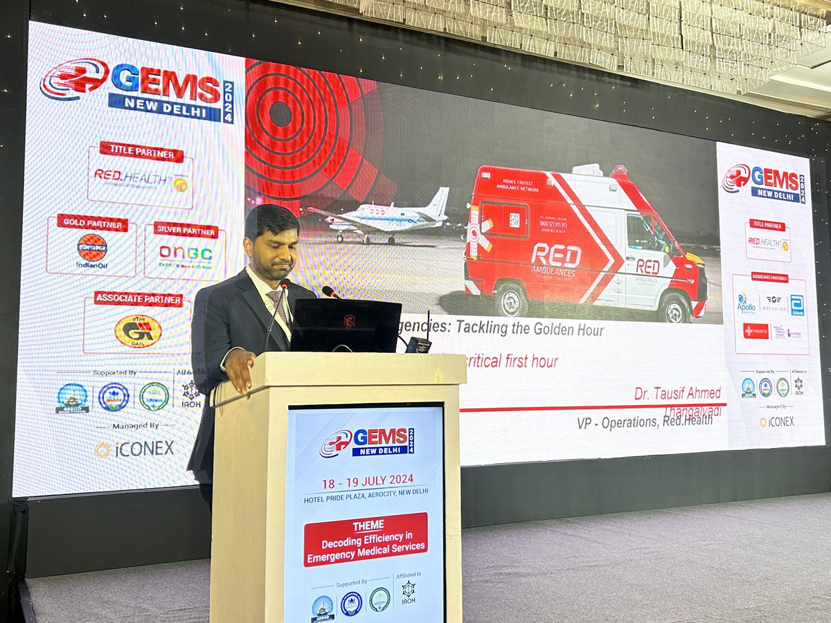 GlobalEMS217675's tweet photo. Technical Session 1 : Emergencies at Workplace
Topic- Pre Hospital Emergencies- Tackling The Golden Hour
Dr. Tausif Ahmed Thangalvadi, Vice President, Medical Operations, @theredhealth
#GEMS2024 #TechnicalSession #medicalservices #EMS #EmergencyMedicalServices #RedHealth https://t.co/IMZny9tHLR
