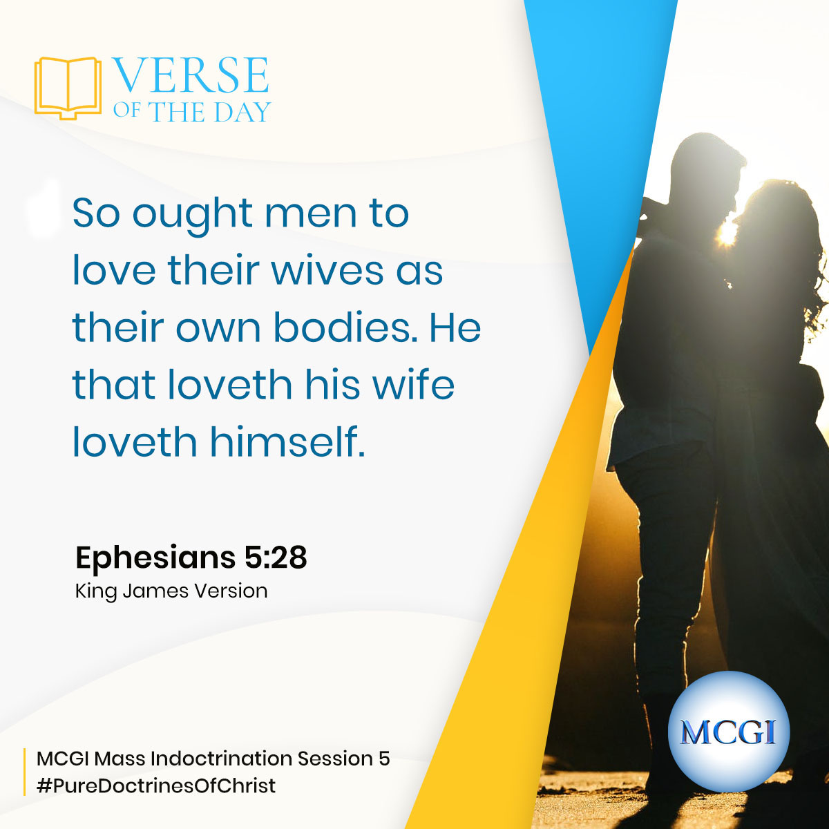 mcgidotorg's tweet photo. MCGI Mass Indoctrination Session 5
Verse of the Day:

So ought men to love their wives as their own bodies. He that loveth his wife loveth himself.

(Eph. 5:28, KJV)

The Why of Praying
#PureDoctrinesOfChrist https://t.co/EtjQe5eyA1