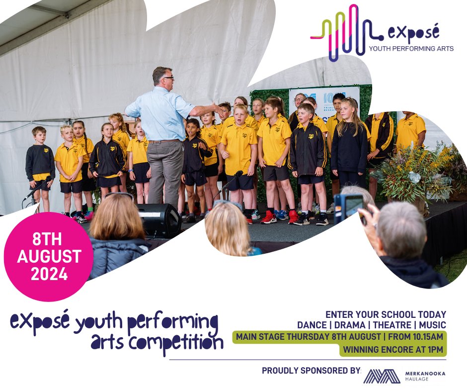 Our Exposé youth performing arts competition is on again for 2024. Proudly sponsored by Merkanooka Haulage.
The winning performance will receive a cash contribution towards an arts initiative at their school.