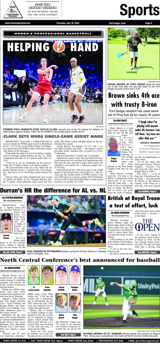 A first glance at Thursday's Messenger sports section. Roger Brown shares the story behind his same-club hole-in-one grand slam. All-North Central Conference baseball teams announced (by <a href="/DanaBecker/">Dana Becker</a>).