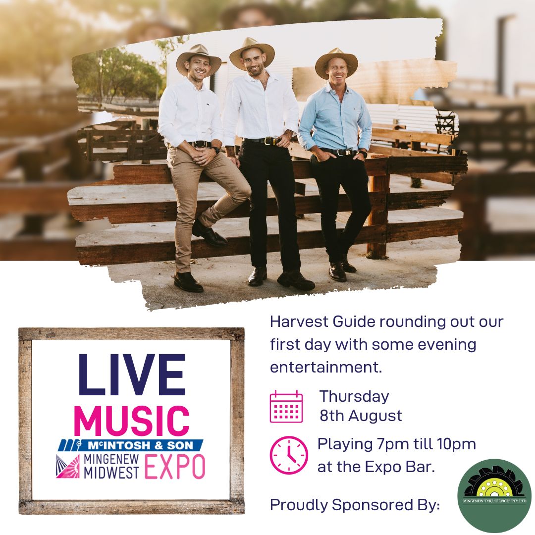 We’re thrilled to have local Mid West acoustic trio, Harvest Guide , rocking the Expo Bar on Thursday with pub, rock, and country classics. It's going to be a fantastic night of music and community. 
Proudly sponsored by Mingenew Tyre Services.