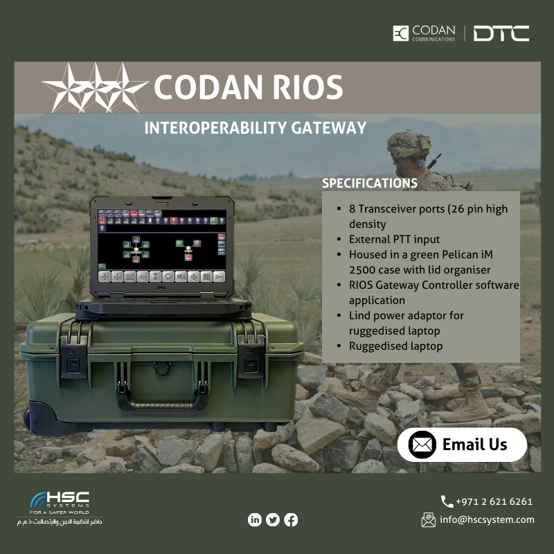 HSCSystem's tweet image. The Codan RIOS Interoperability Gateway offers a comprehensive solution for bridging communication gaps and ensuring seamless interoperability between disparate radio systems and devices. 

#HSCS #CODANCommunications #DTC #forasaferworld #uae #abudhabi #dubai 
#نتصدر_المشهد