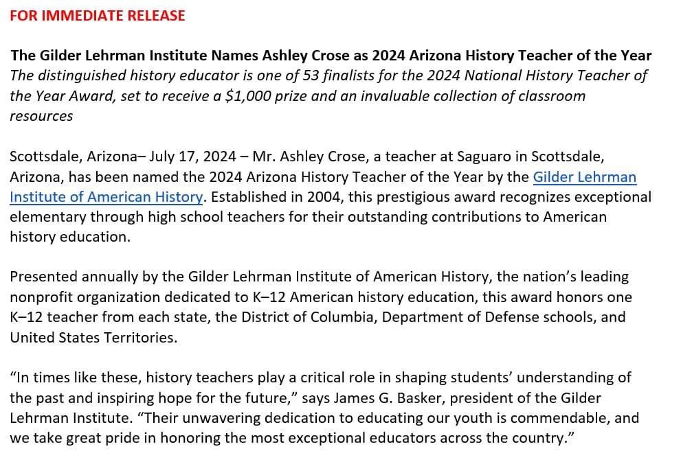 Thank you <a href="/Gilder_Lehrman/">The Gilder Lehrman Institute of American History</a>! I’m beyond thankful for this recognition. I’m honored to receive such a distinguished award but also know I wouldn’t be in this position without such outstanding students and support from mentors, school and district. #HTOY <a href="/SaguaroSUSD/">Saguaro High School</a> <a href="/ScottsdaleUSD/">Scottsdale Unified School District</a>