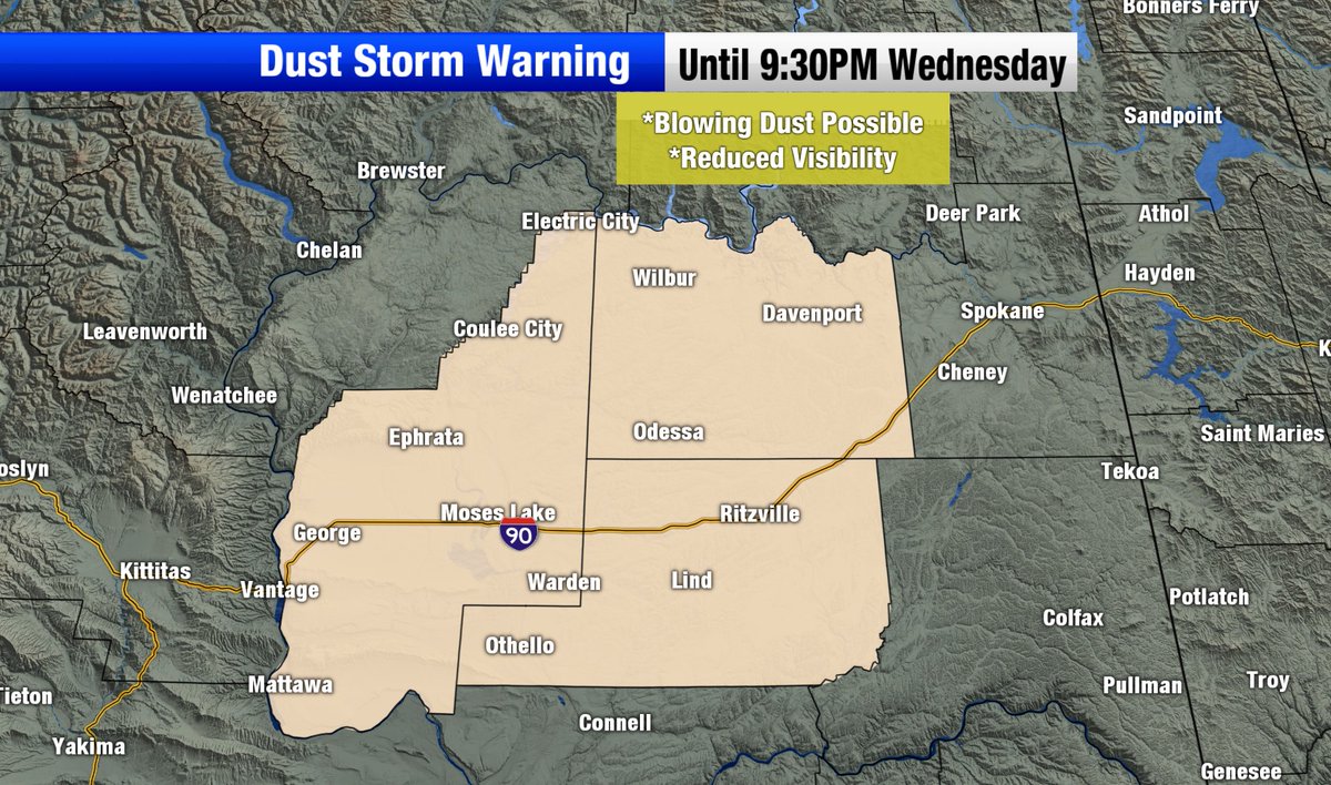 KHQLeslie's tweet photo. Dust storm warning for parts of the upper Columbia Basin near Ritzville.
Near zero visibility- life-threatening travel conditions.
PLEASE Be safe! https://t.co/5Aue5fvf6s