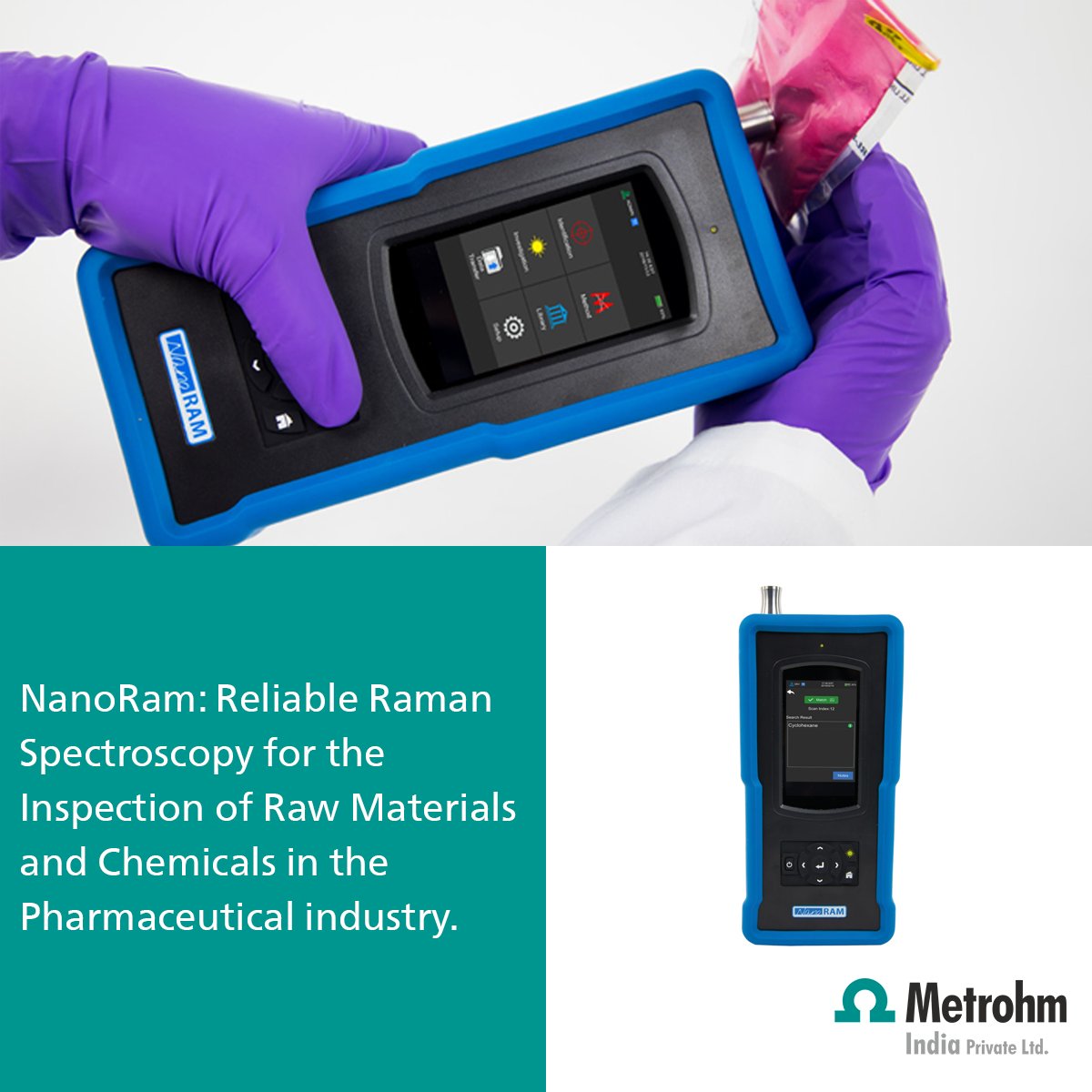 Metrohm_India's tweet image. Discover NanoRam Hand-held Raman Spectrometer for Pharma Industry Applications! With advanced cooling and tech, it offers precise raw material testing in a compact touch-screen package. Learn more at bit.ly/3xYMxmf

#Metrohm #PharmaQualityControl #InnovationInTheLab