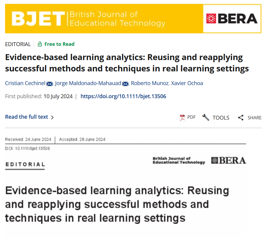 Comparto  con alegría la publicación del editorial y el special issue del British  Journal of Educational Technology. Gracias a mis colegas Cristian Cechinel Roberto Muñoz Soto Xavier Ochoa por todo el trabajo realizado. Esperamos lo disfruten :)  doi.org/10.1111/bjet.1…
