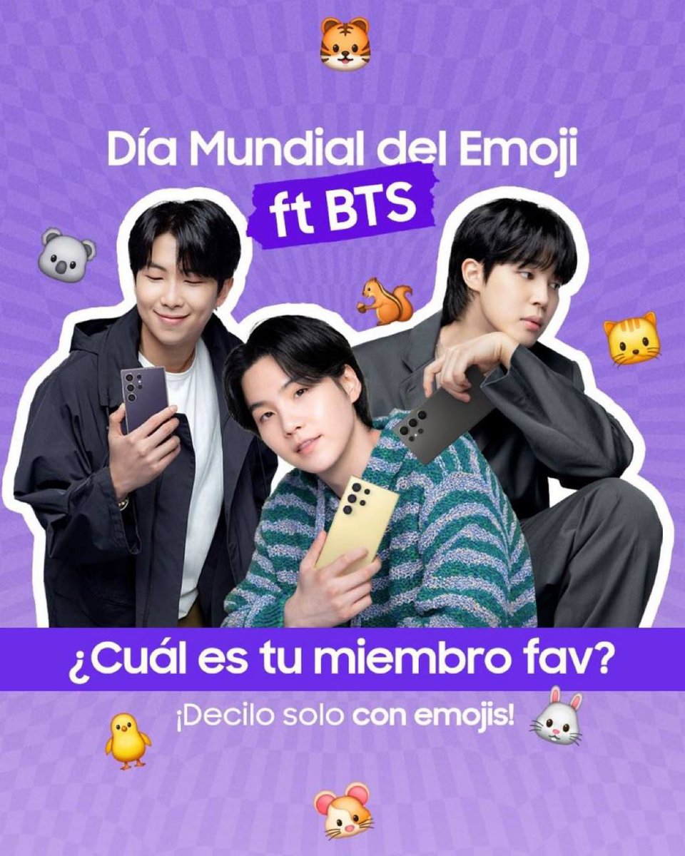 ArmyTynyPromise's tweet photo. Samsung Argentina 🇦🇷 actualizó en X (Twitter) :
* “Es el #DiadelEmoji y lo celebramos junto a #BTS 🫰💜 Cuentanos cuál es tu miembro favorito de @bts_bighit 🌟 ¡Solo puedes usar emojis! 🤭".
https://t.co/2hAMCQuzhb
@BTS_twt https://t.co/4I8RDPNWLh
