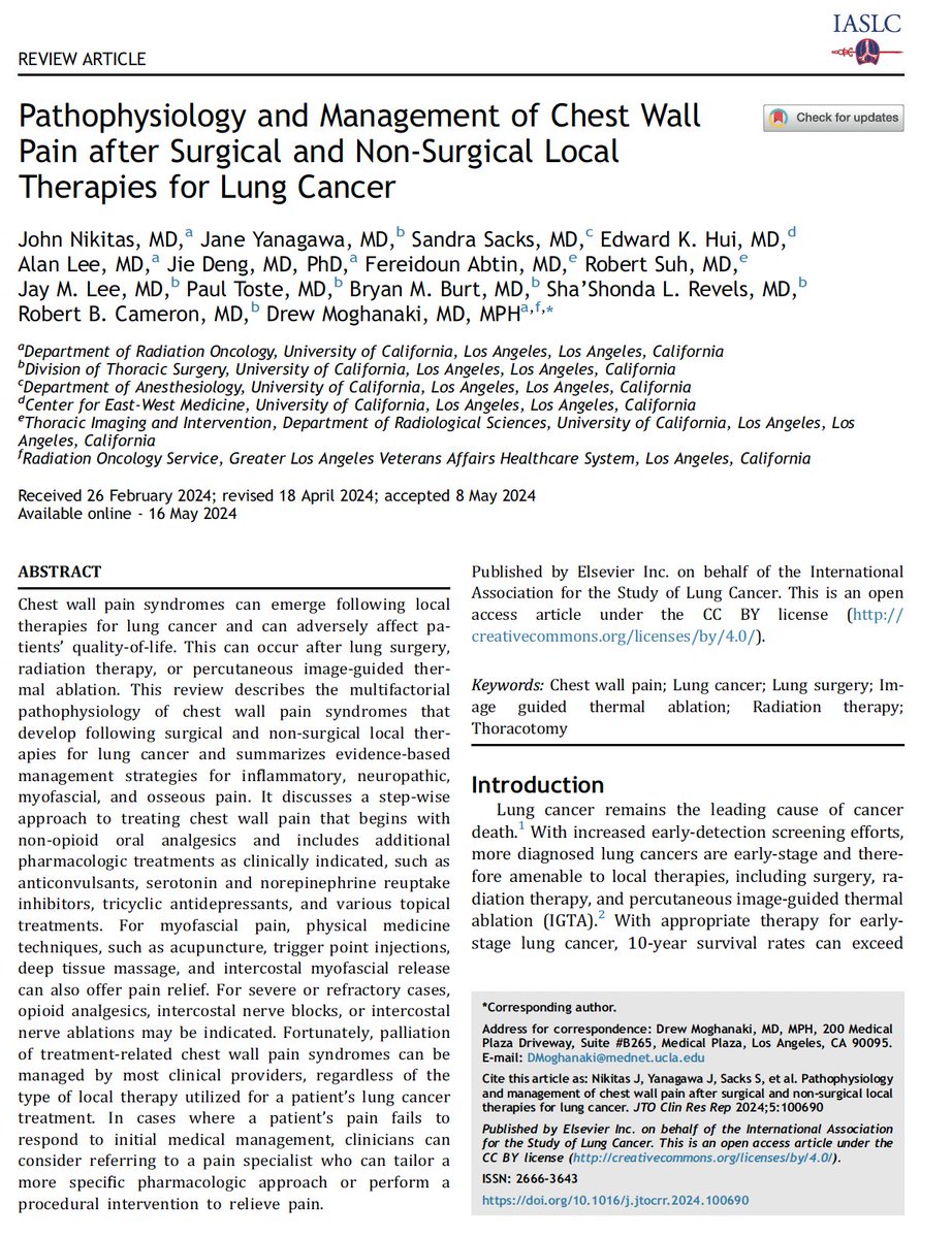 A multidisciplinary team at UCLA, including expertise from our Center for East-West Medicine, publishes a contemporary review on managing CW pain that might emerge after local therapy for lung cancer. #lcsm sciencedirect.com/science/articl…