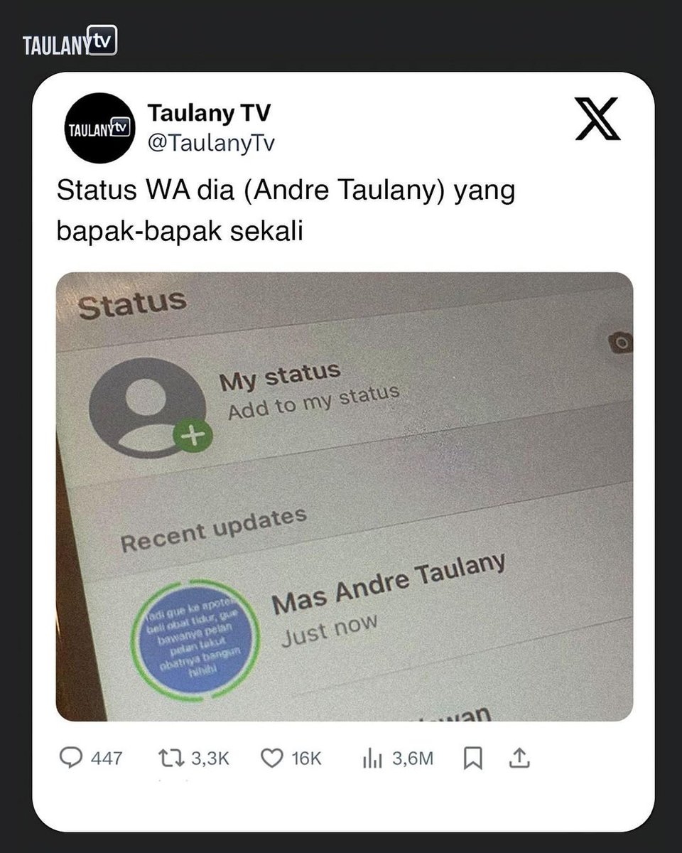 Alasplusenamdua's tweet photo. Bapak gua jangan sampe tau nih😁

Ketika status WA pak Andre Taulany yang bapak-bapak sekali.semakin garing semakin lucu😁

• A Thread • https://t.co/5jLn6uXtl4