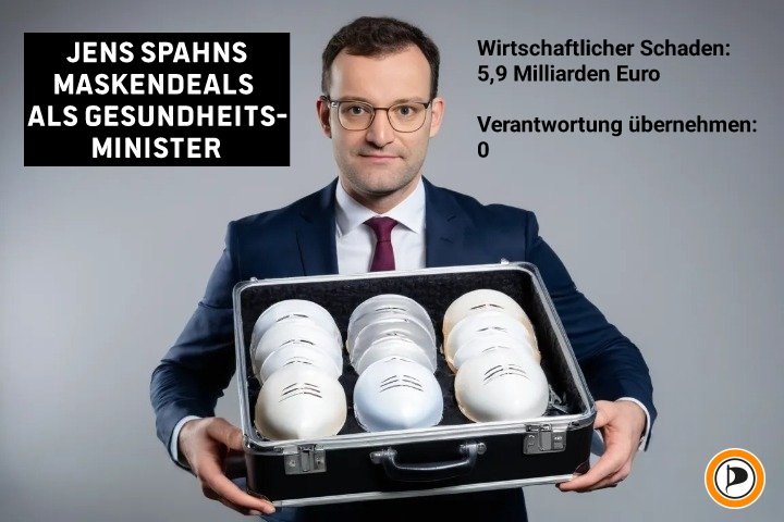 Eine Schande: #Spahn verpulvert 5,9 Mrd. Euro in Corona Maskendeals &amp; übernimmt 0 Verantwortung. Spahn hatte gegen eine Empfehlung seiner Fachabteilung im Gesundheitsministerium den Preis für COVID-Maskenkäufe selbst stark erhöht. faz.net/aktuell/wirtsc… #PIRATEN