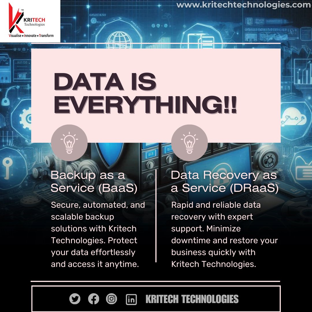 KRITECH_21's tweet photo. Ensure business continuity with our comprehensive backup and disaster recovery solutions. Your data, always safe with Kritech Technologies.
#DataRecovery #DataProtection #KritechTechnologies https://t.co/SKEzDQdWPs