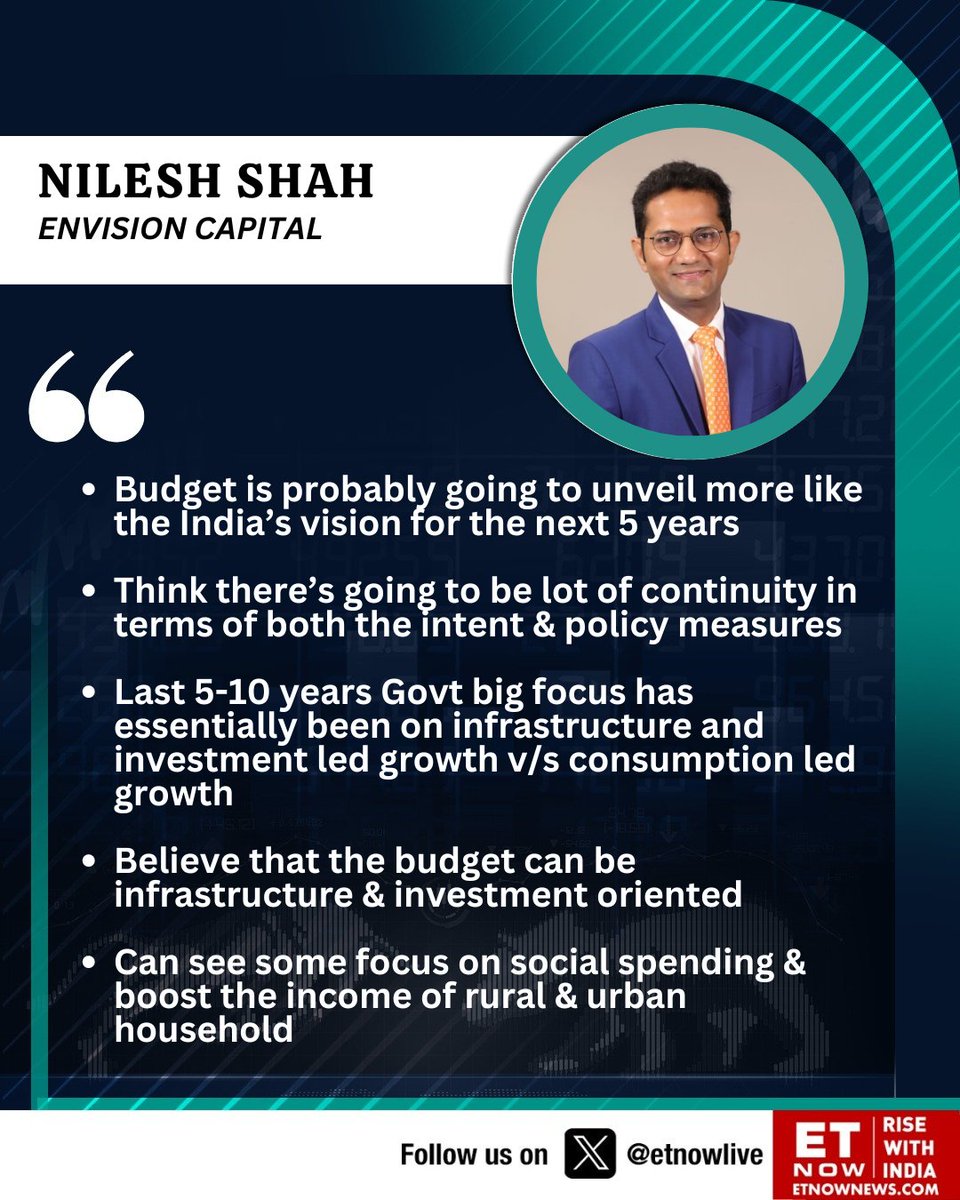 ETNOWlive's tweet photo. #OnETNOW | "Budget is probably going to unveil more like the India’s vision for the next 5 years" says Nilesh Shah of Envision Capital 

@CapitalEnvision https://t.co/Inf7MUazOO