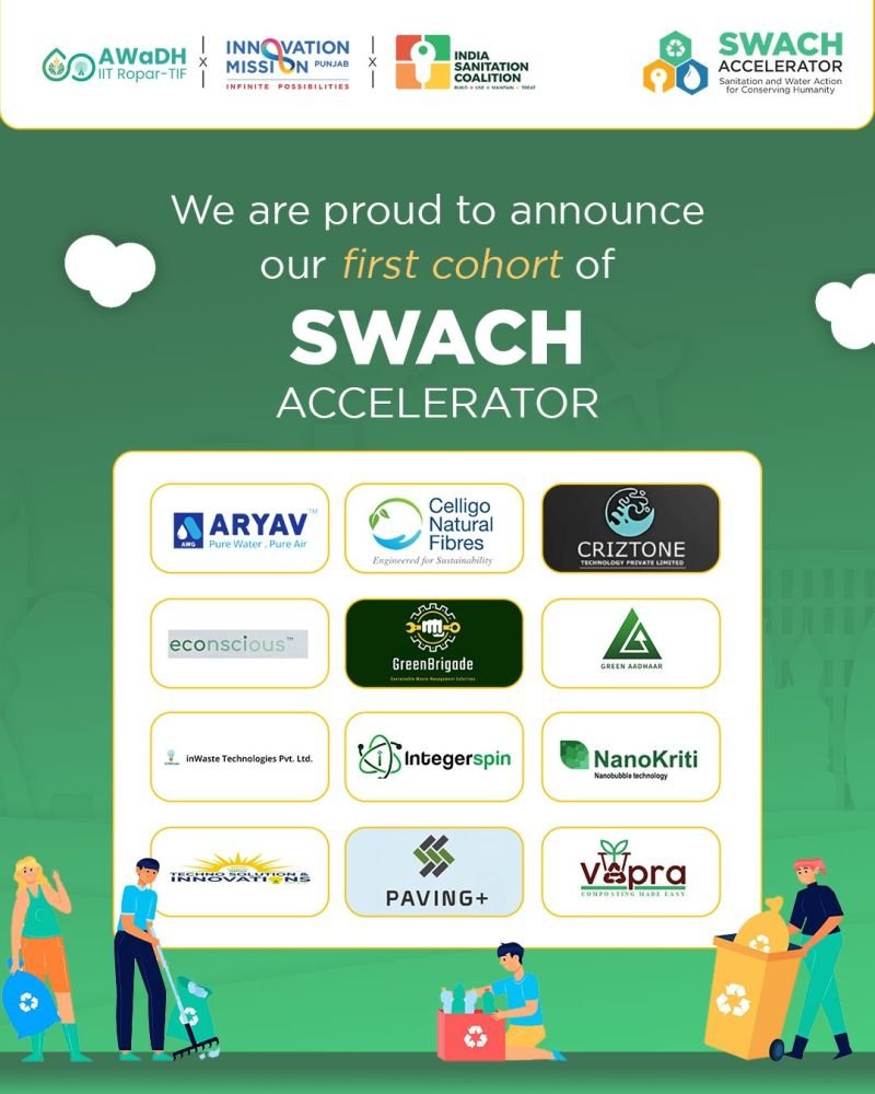 AWaDH_IITRopar's tweet image. Thrilled to announce the first cohort of the #SWACH Accelerator Program! In partnership with Innovation Mission Punjab and ISC-India Sanitation Coalition, iHub - AWaDH @ IIT Ropar supports 12 startups in #Water, #Sanitation, #Hygiene, and #WasteManagement.
@indiadst @NmIcps