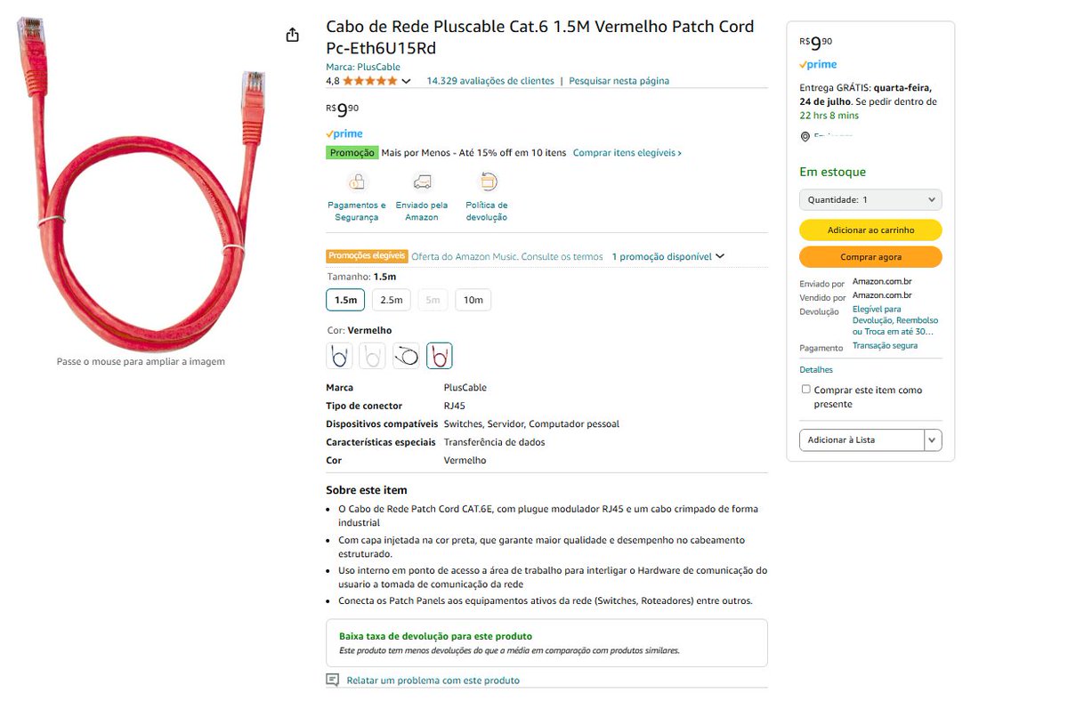 trick2088's tweet photo. CABO DE REDE VERMELHO CAT6 1,5 m por apenas R$9,90 na Amazon.
https://t.co/dPJHZuXQhW
#PrimeDay #PatchCord #Ethernet https://t.co/9yprBsCtyM
