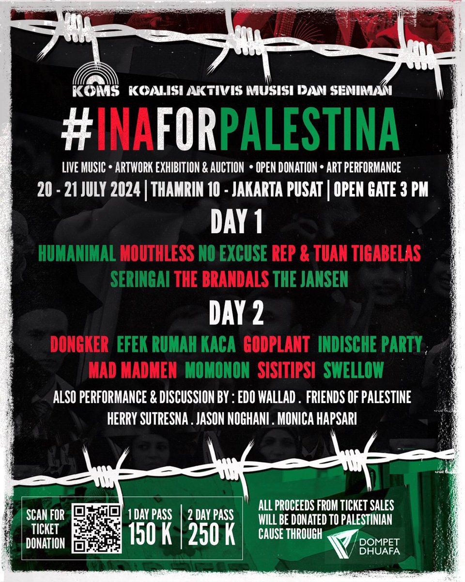 berpartisipasi di #INAforPalestina Sabtu besok 20 Juli 2024 di Thamrin 10, Jakarta Pusat. acaranya 2 hari, diorganisir oleh Koalisi Aktivis Musisi dan Seniman (KOMS). mari!🇵🇸