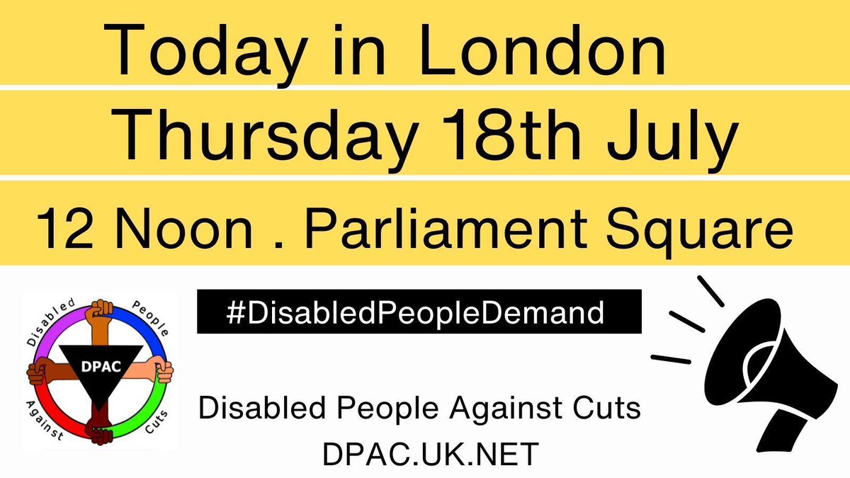 Dis_PPL_Protest's tweet image. We invite you to a celebration of disabled people's creativity &amp;amp; our demands for the new Government

Today Thursday 18th July 
12 Noon
Parliament Square
London
&amp;amp; Online

Please Share

#DisabledPeopleDemand 

DPAC Press Release 
dpac.uk.net/2024/07/press-…