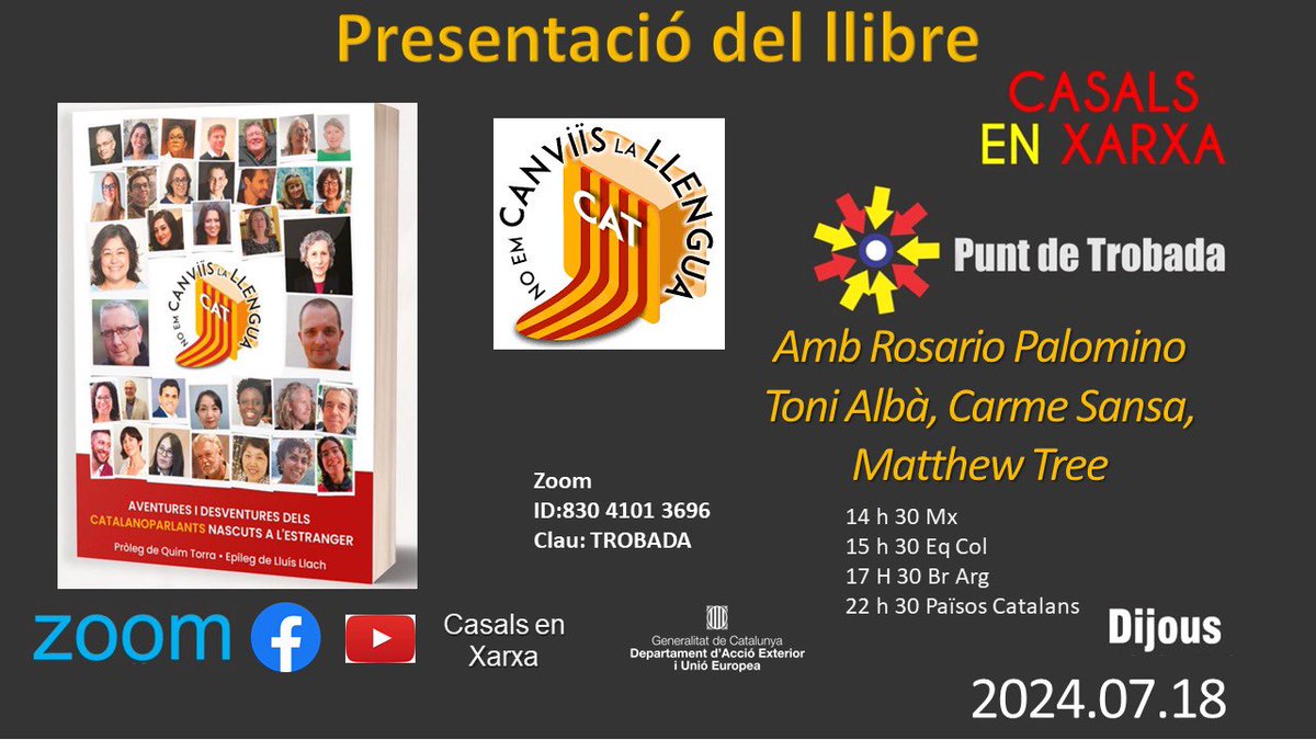 Estimats, avui dijous 18 de juliol, presentarem el nostre llibre al Punt de Trobada de Casals en Xarxa, als nostres apreciats compatriotes catalans que viuen fora de Catalunya i dels Països Catalans.
A 2/4 de 11 de la nit (10.30)
#NoEmCanviïsLaLlengua 
#NOEMCANVIISLALLENGUA